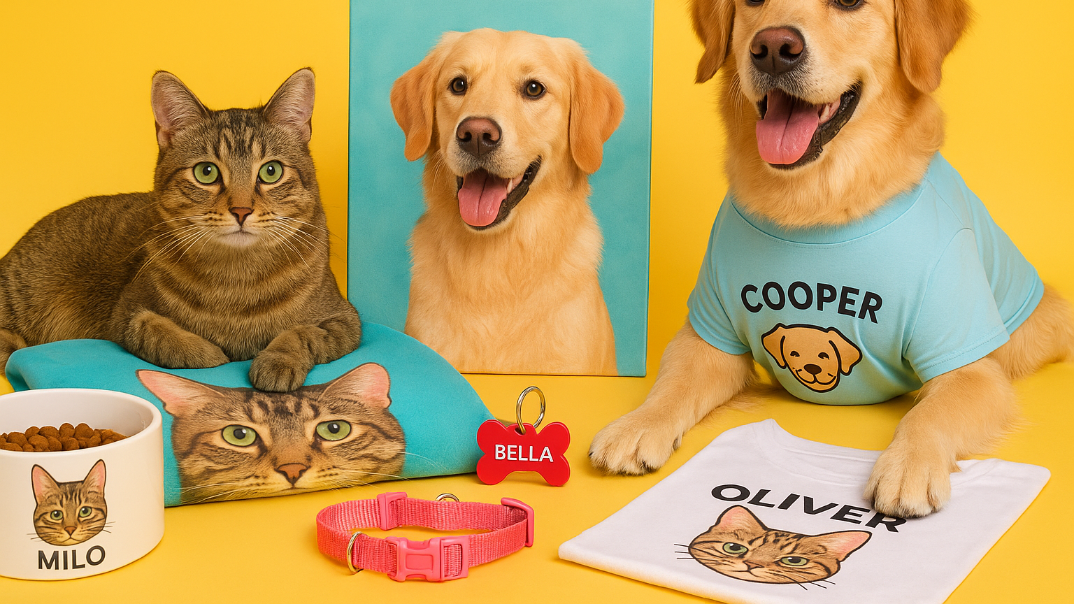 Cat and dog with pet-themed products on a yellow background